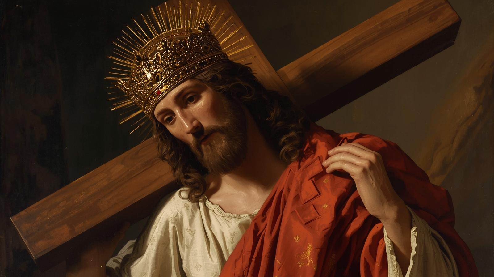 chrystus król w koronie z krzyżem na ramieniu